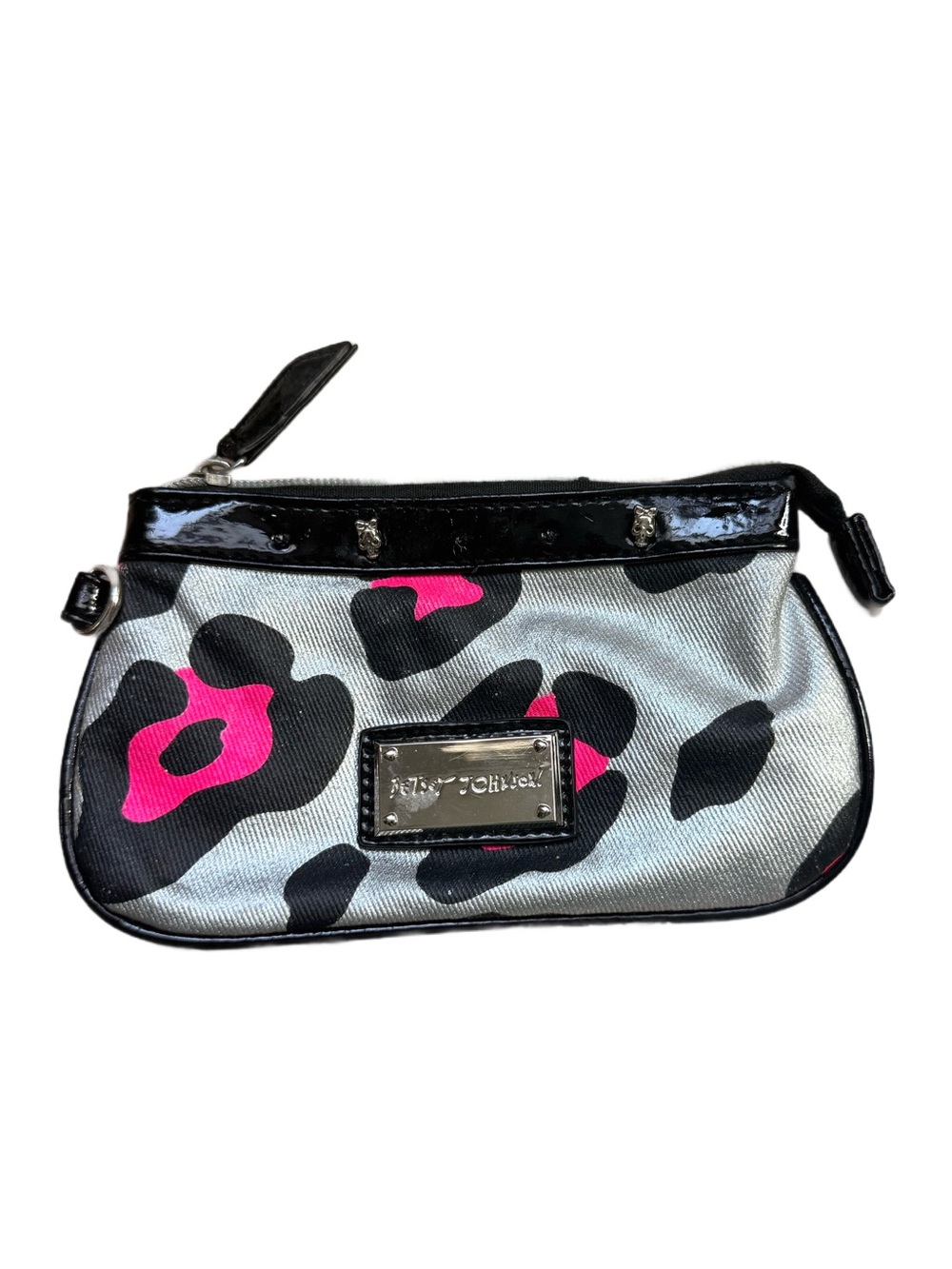 Betsey Johnson Silver, Black & Hot Pink Leopard Wristlet Clutch